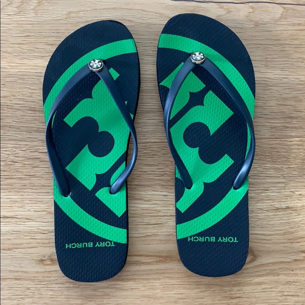 Green and Navy Tory Burch Flip Flops